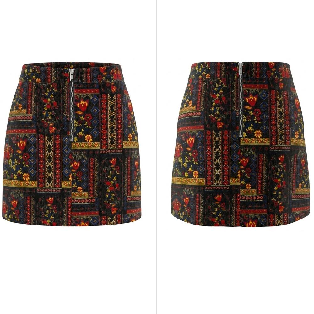 H&M Coachella Black A-Line Mini Floral Stretch Skirt Women Size 4